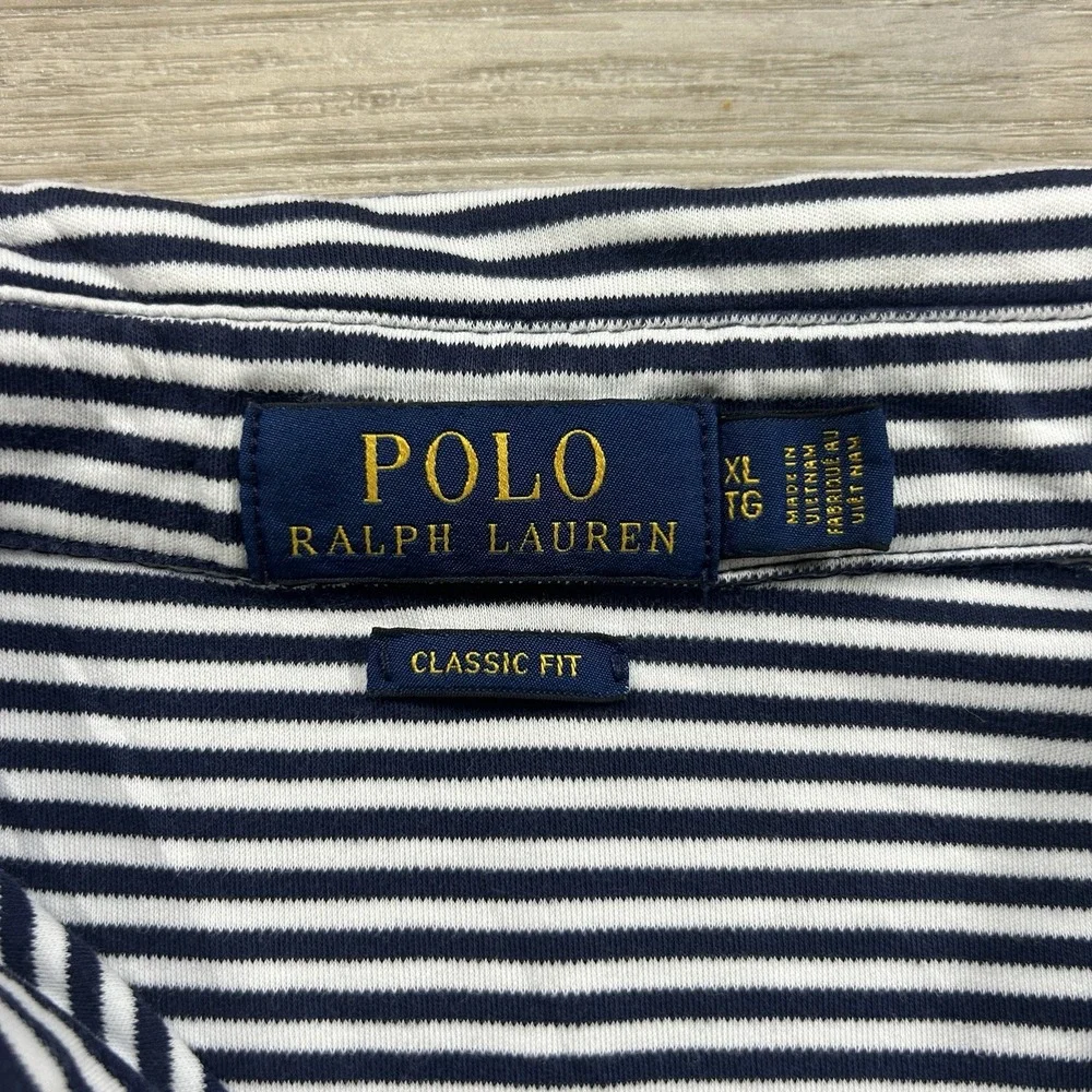 Polo Ralph Lauren XL Navy Blue Striped Classic Fit Cotton Polo Shirt Flesh Pony